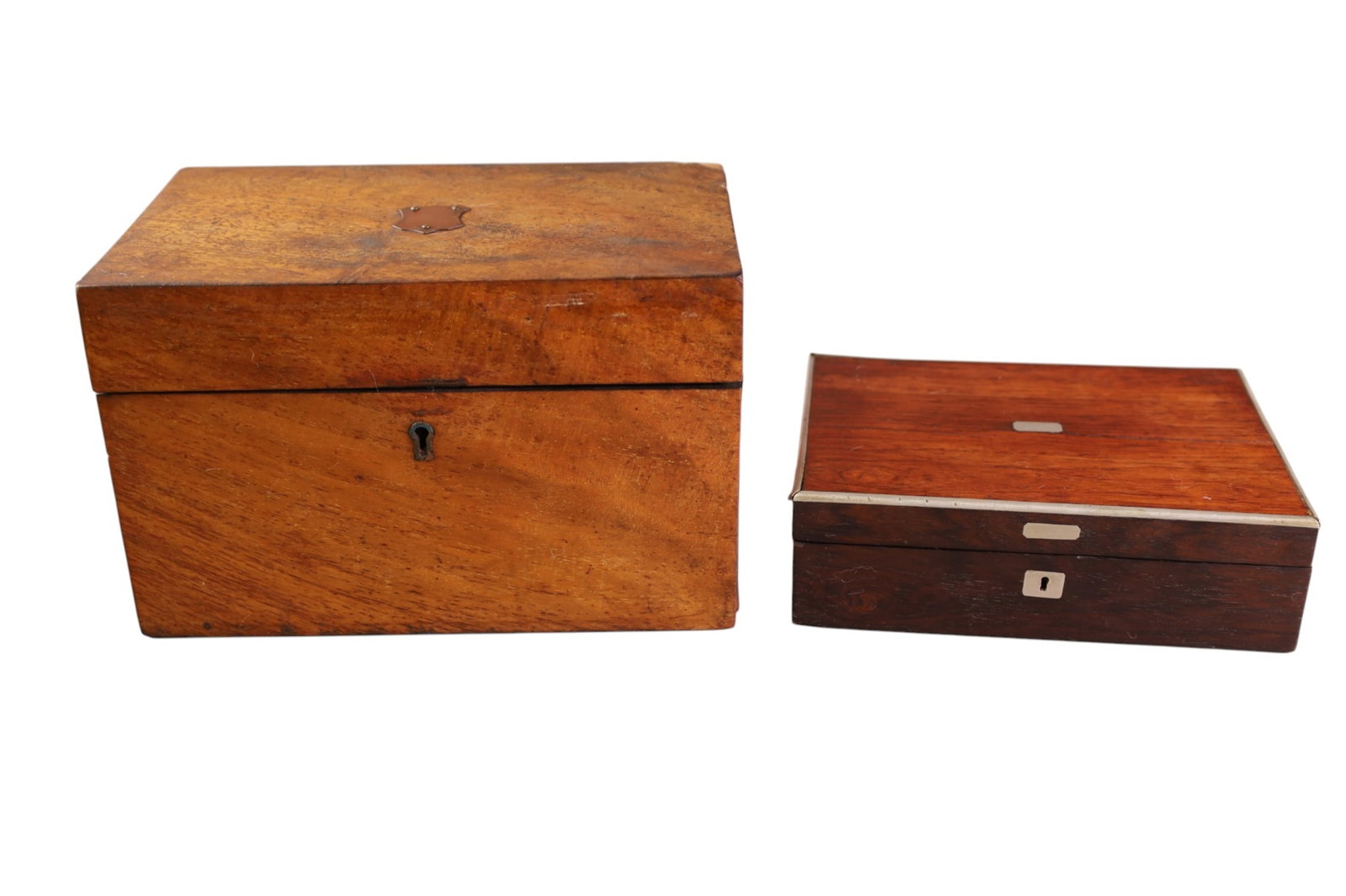 2 19TH CENTURY BOXES: ENGLISH TEA CADDY & SILVER BANDED DRESSER BOX. 7 1/2" - 9" W.