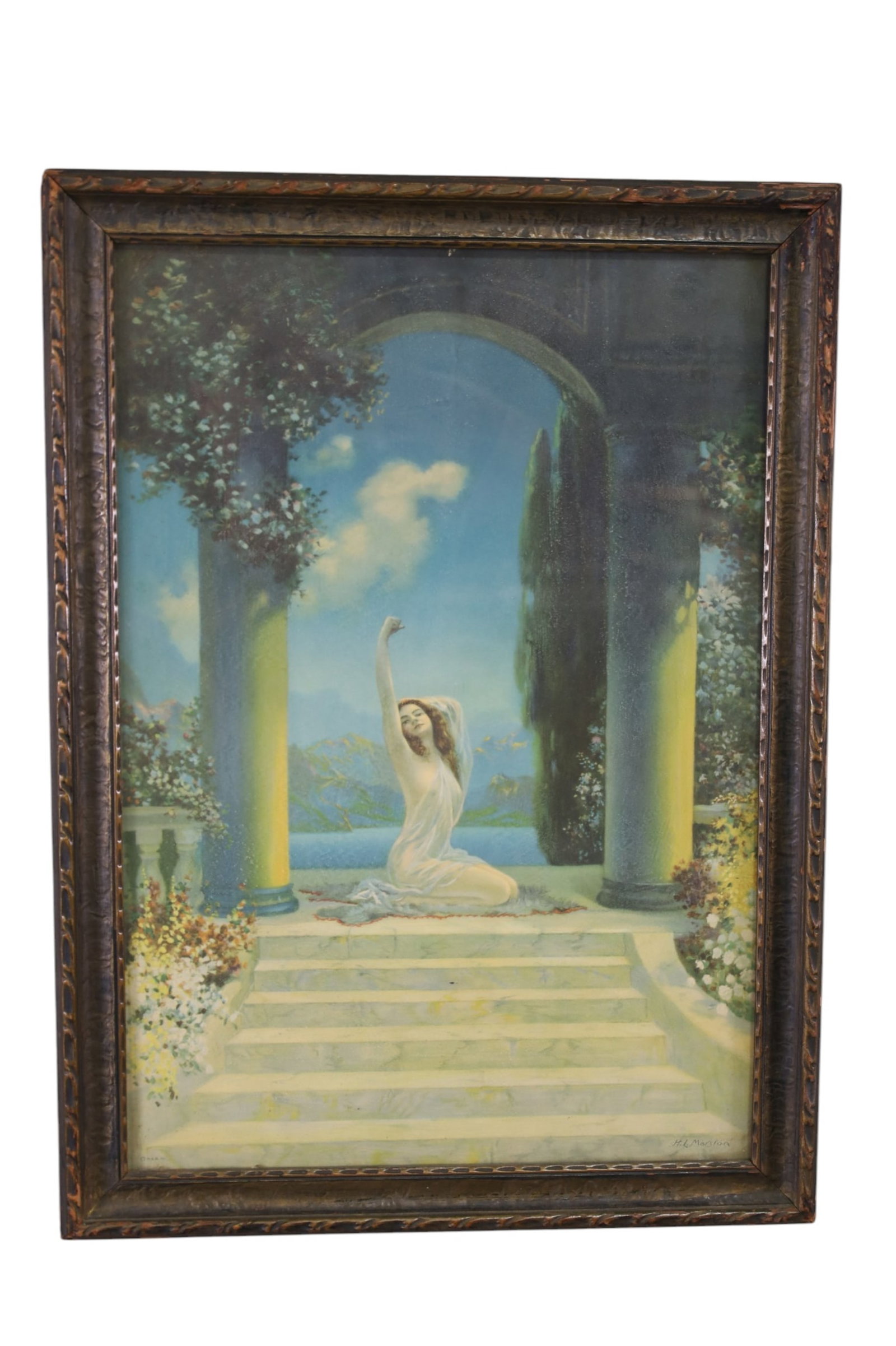 1920'S MAXFIELD PARRISH STYLE PRINT: FRAMED PRINT, 17" x 22 1/2"