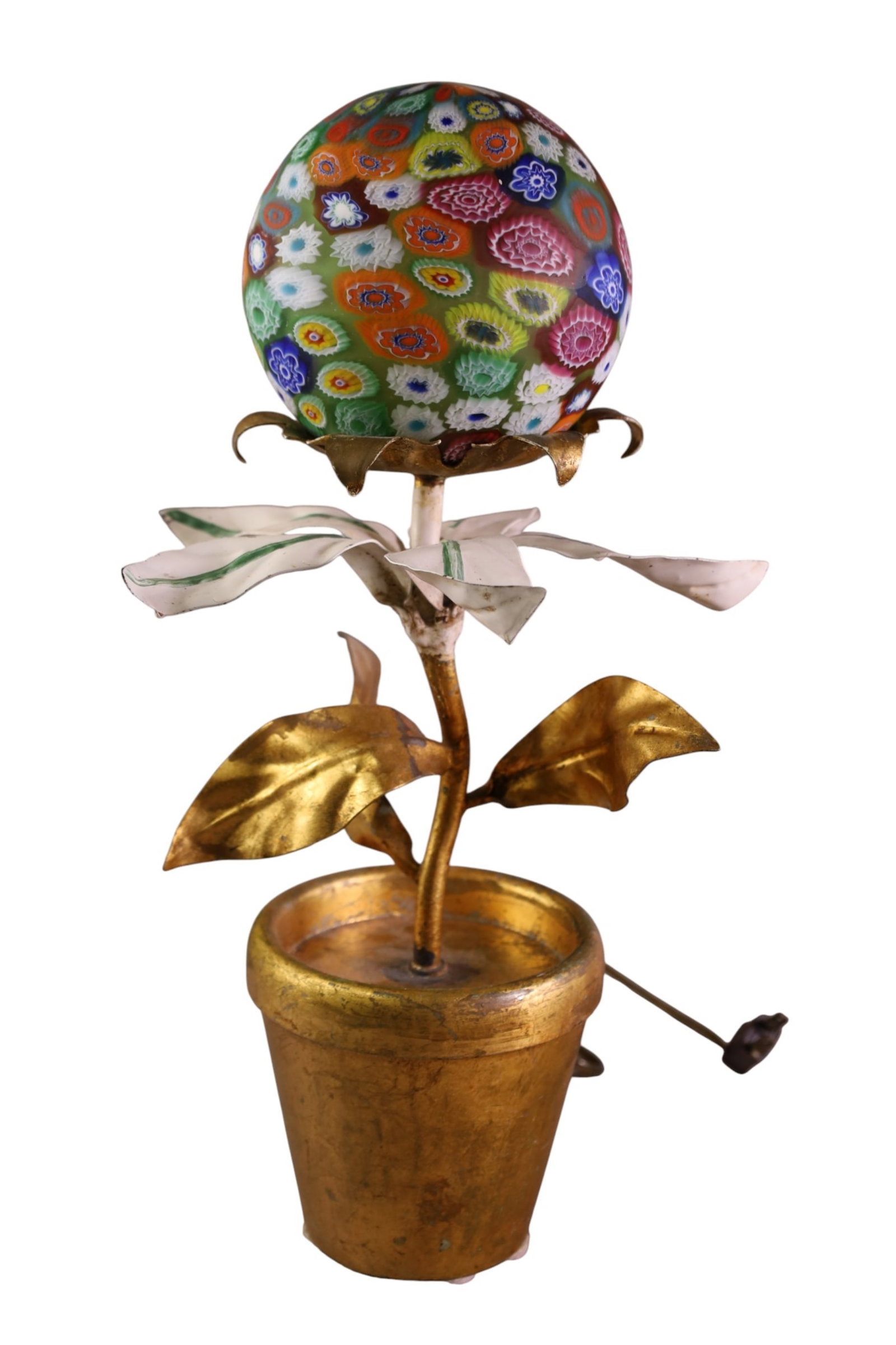 MILLEFIORI ART GLASS SHADE TABLE LAMP: DECORATIVE POTTED PLANT GOLD BASE, ART GLASS SHADE. 17" H.