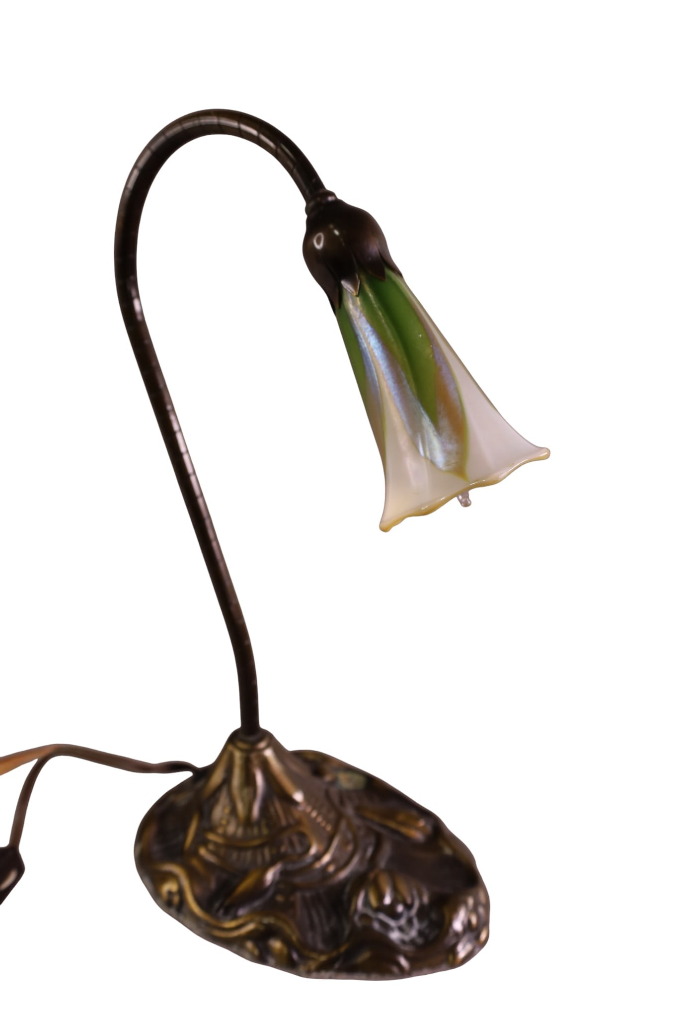 BRASS GOOSE NECK LAMP: ART GLASS SHADE, 14" H