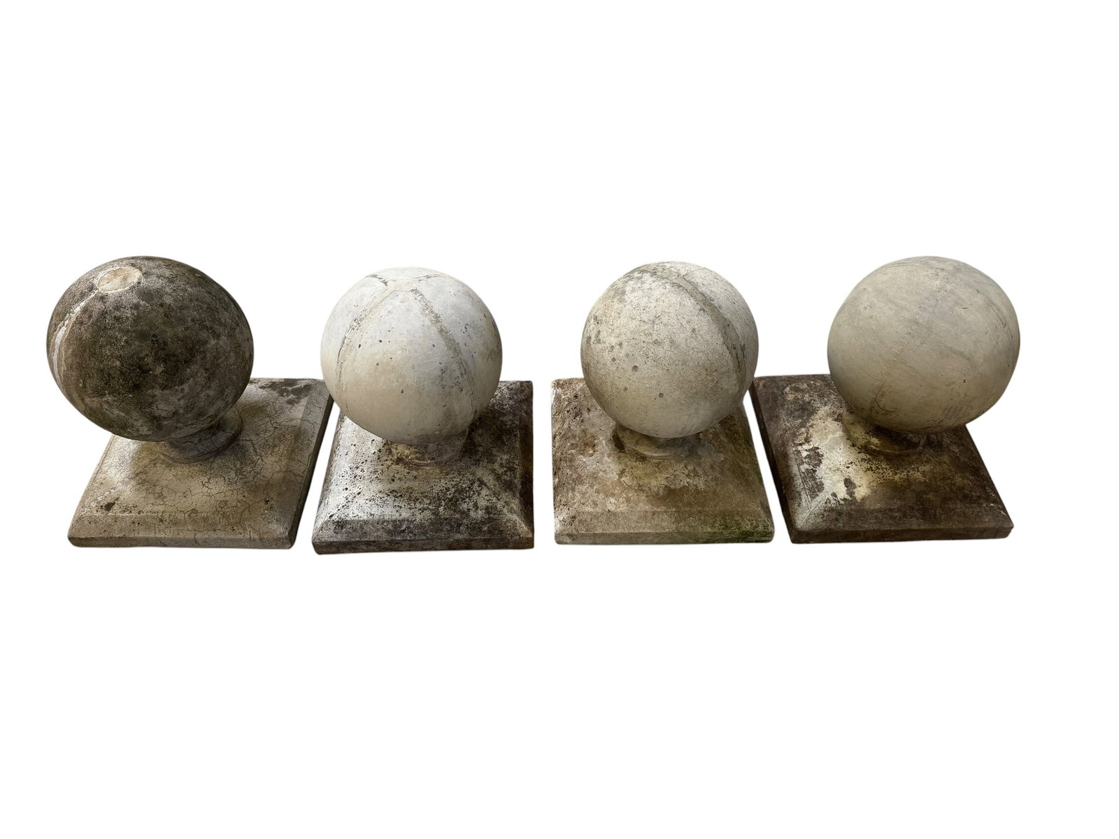 4 CONCRETE COLUMN TOPS: SCULPTED CONRETE COLUMN TOPS, SQUARE BASE WITH ROUND TOP. 14" H. THIS ITEM EXCEEDS SIZE, WEIGHT, AND OR FRAGILITY LIMITATIONS FOR IN HOUSE SHIPPING, MUST BE PICKED UP IN HOUSE OR SHIPPED VIA 3RD