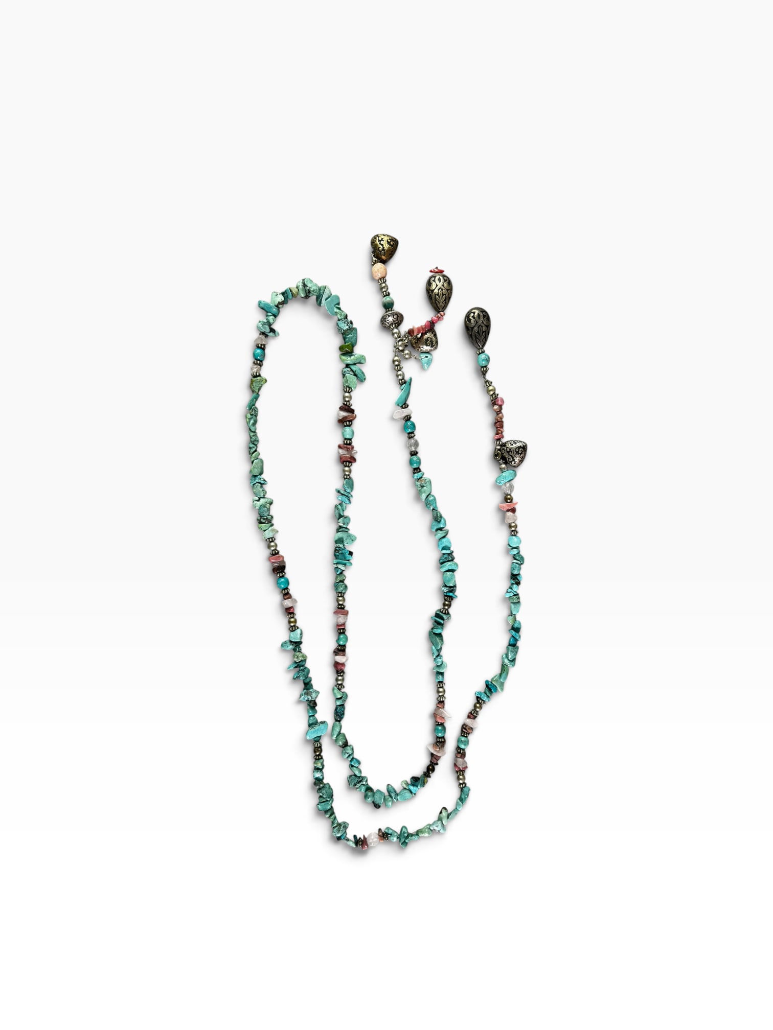 NATIVE AMERICAN TURQUOISE & SILVER STRAND: NATIVE AMERICAN CHUNK TURQUOISE AND SILVER STRAND, NO CLASP. 60" L.