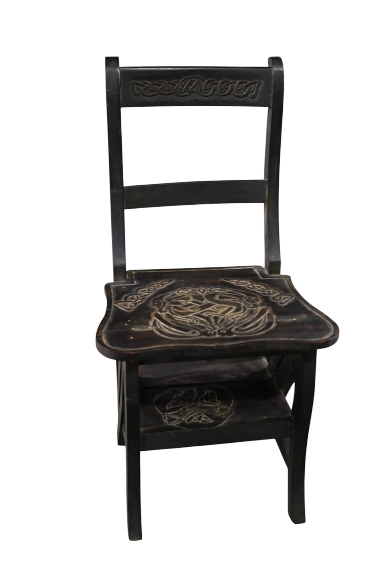 ANTIQUE LIBRARY STEP/CHAIR: ANTIQUE LIBRARY STEPS, FOLDS INTO CHAIR. WEAR TO FINISH. 34" H. THIS ITEM EXCEEDS SIZE, WEIGHT, AND/OR FRAGILITY LIMITATIONS FOR IN HOUSE SHIPPING, MUST BE PICKED UP IN HOUSE OR SHIPPED VIA 3rd PARTY