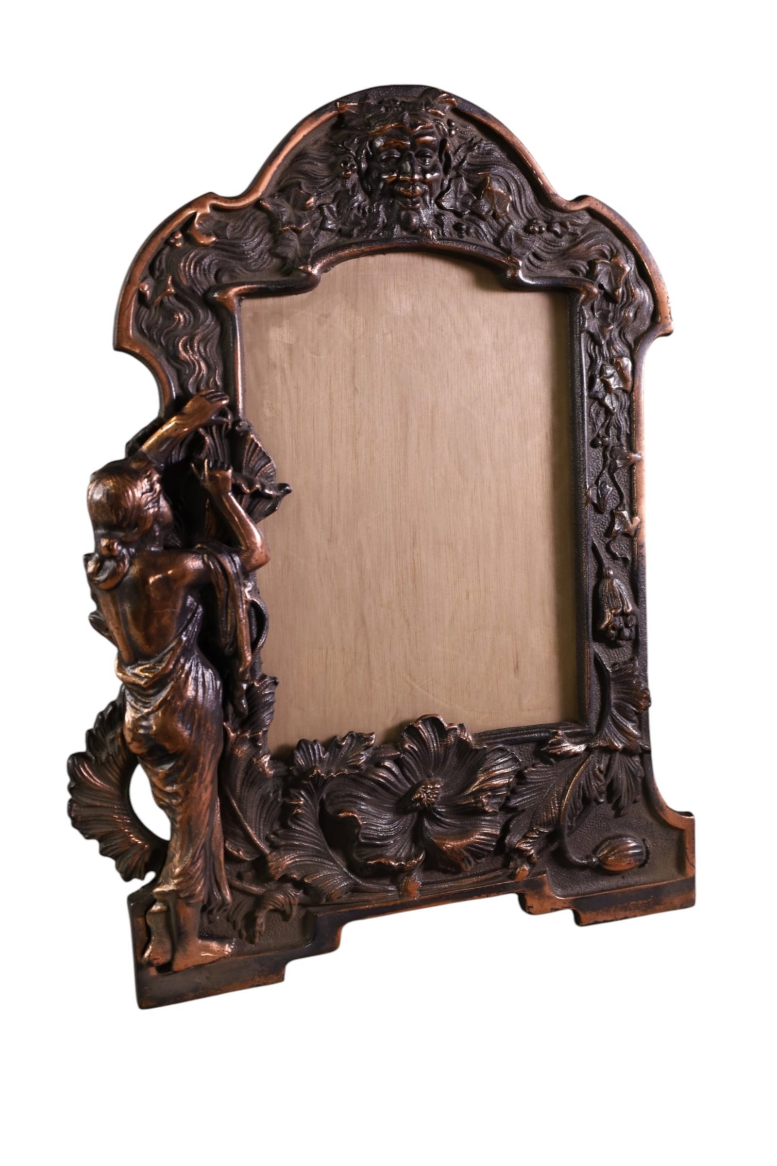 FIGURAL IRON PICTURE FRAME: ART NOUVEAU STYLE IRON PICTURE FRAME, EASEL BACK. 17" H.