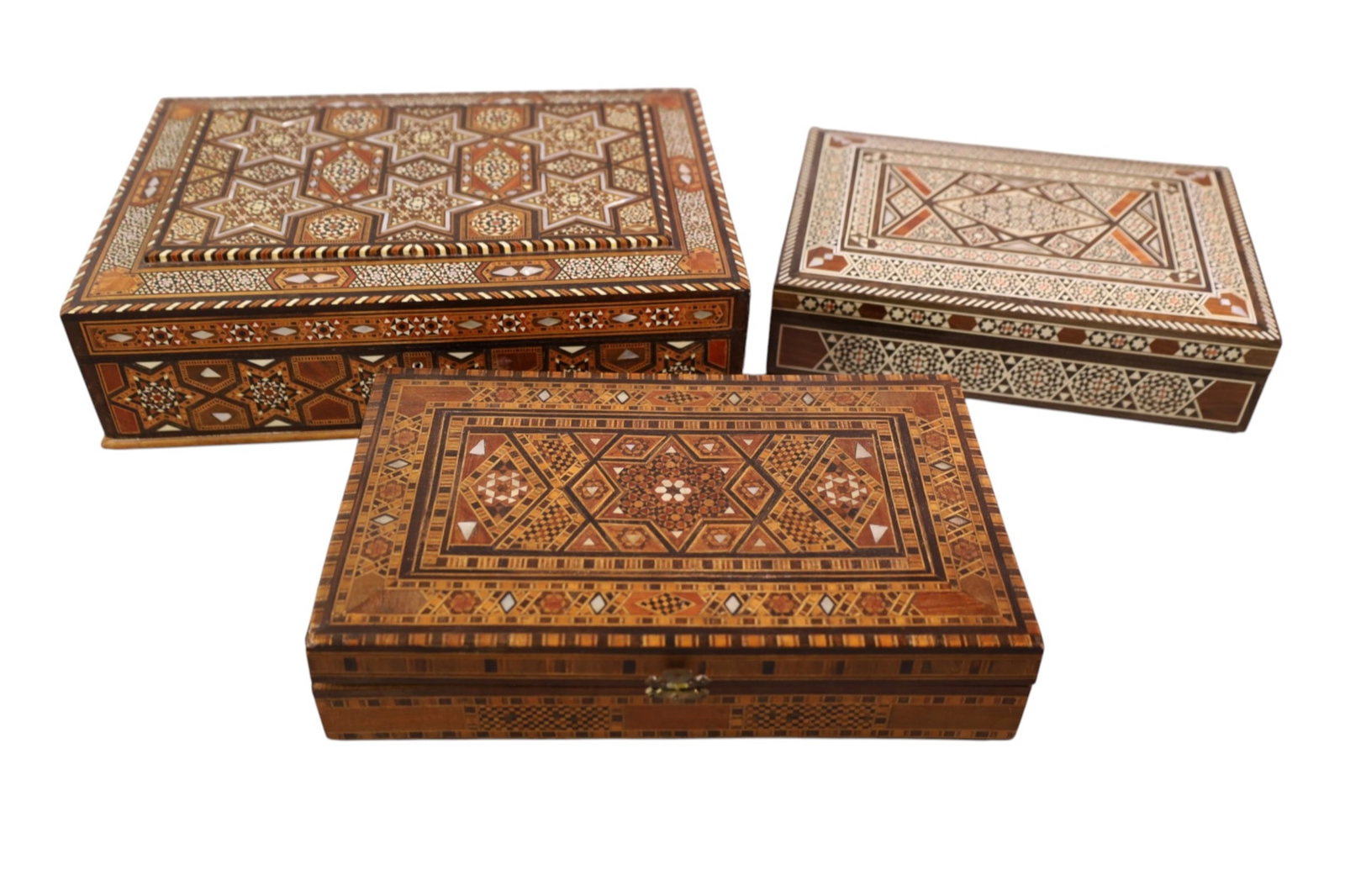 3 INLAID BOXES: MOTHER OF PEARL AND WOODEN INLAID MOROCCAN DRESSER BOXES. 13" x 9" & 10" x 7"