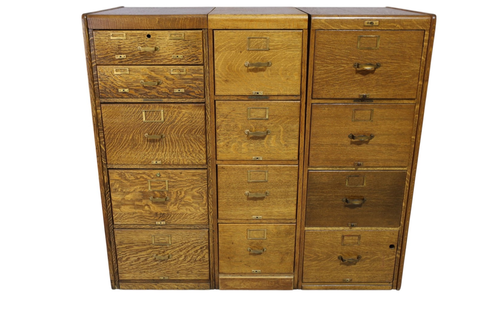 3 PIECE AMERICAN OAK FILE CABINET: 3 PIECE AMERICAN OAK FILE CABINET, PANELED SIDES, LIBRARY BUREAU SOLEMAKERS. MISSING BOLTS TO CONNECT. NO RODS. 56" W x 27" D x 51" H. THIS ITEM EXCEEDS SIZE, WEIGHT, AND/OR FRAGILITY LIMITATIONS FOR