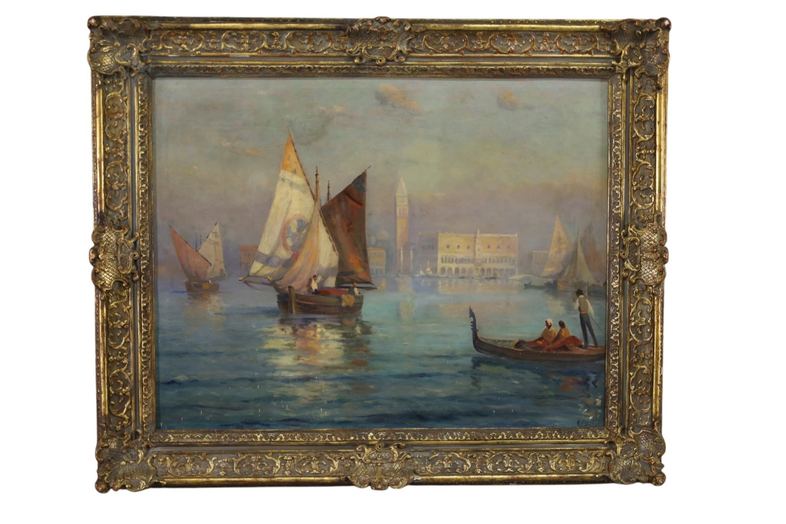ANGEL ESPOY OIL PAINTING: LARGE OIL ON CANVAS, SIGNED LOWER RIGH, VENICE OIL PAINTING, IN ORNATE GILT FRAME. OLD REPAIRS. 34" x 27" IMAGE SIZE / 41" x 34" IN FRAME.