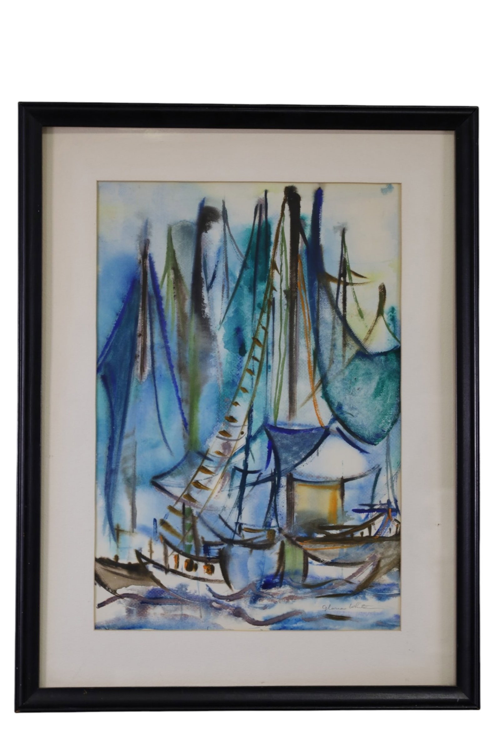 GLORIA WHITE WATERCOLOR: WATERCOLOR FRAMED UNDER GLASS, SAILBOATS. 19 1/2" x 25 1/2" I