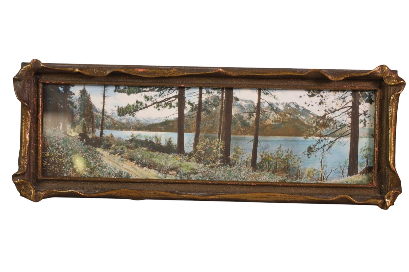 1920'S HAND TINTED LAKE SCENE PHOTO: LAKE SCENE, HAND TINTED PHOTO. 16 1/2" X 6"