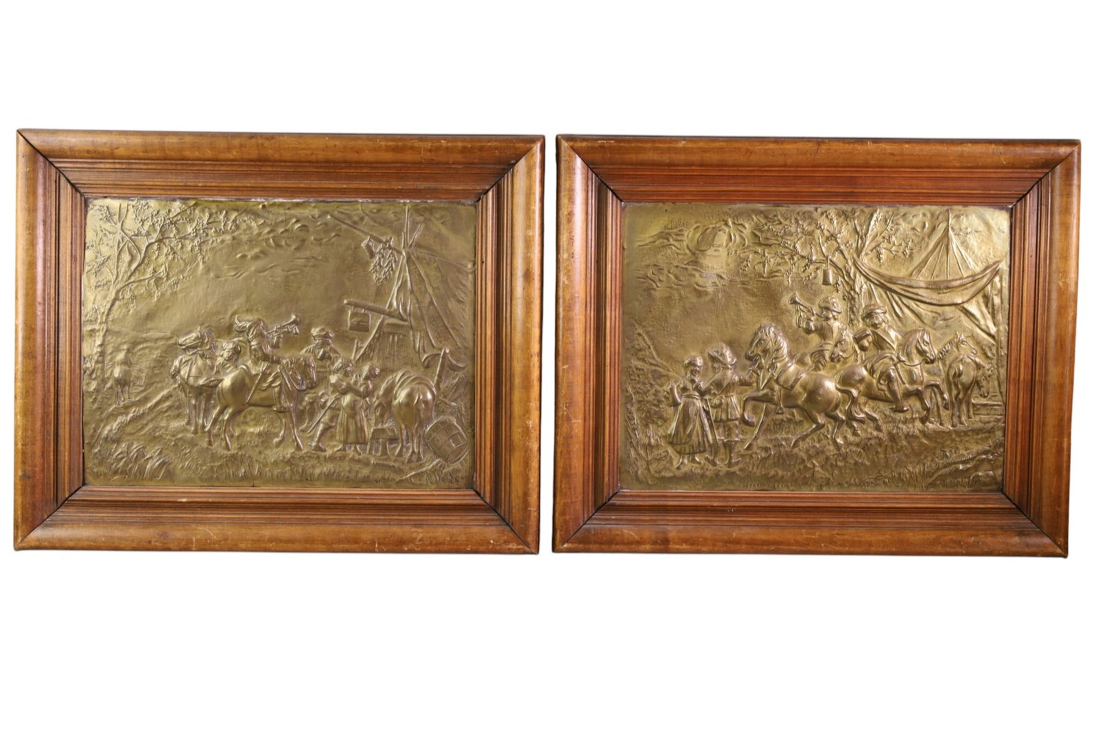 PAIR OF BRASS PLAQUES: PAIR OF FRAMED BRASS PLAQUES IN RELIEF. 23 1/2" x 19"