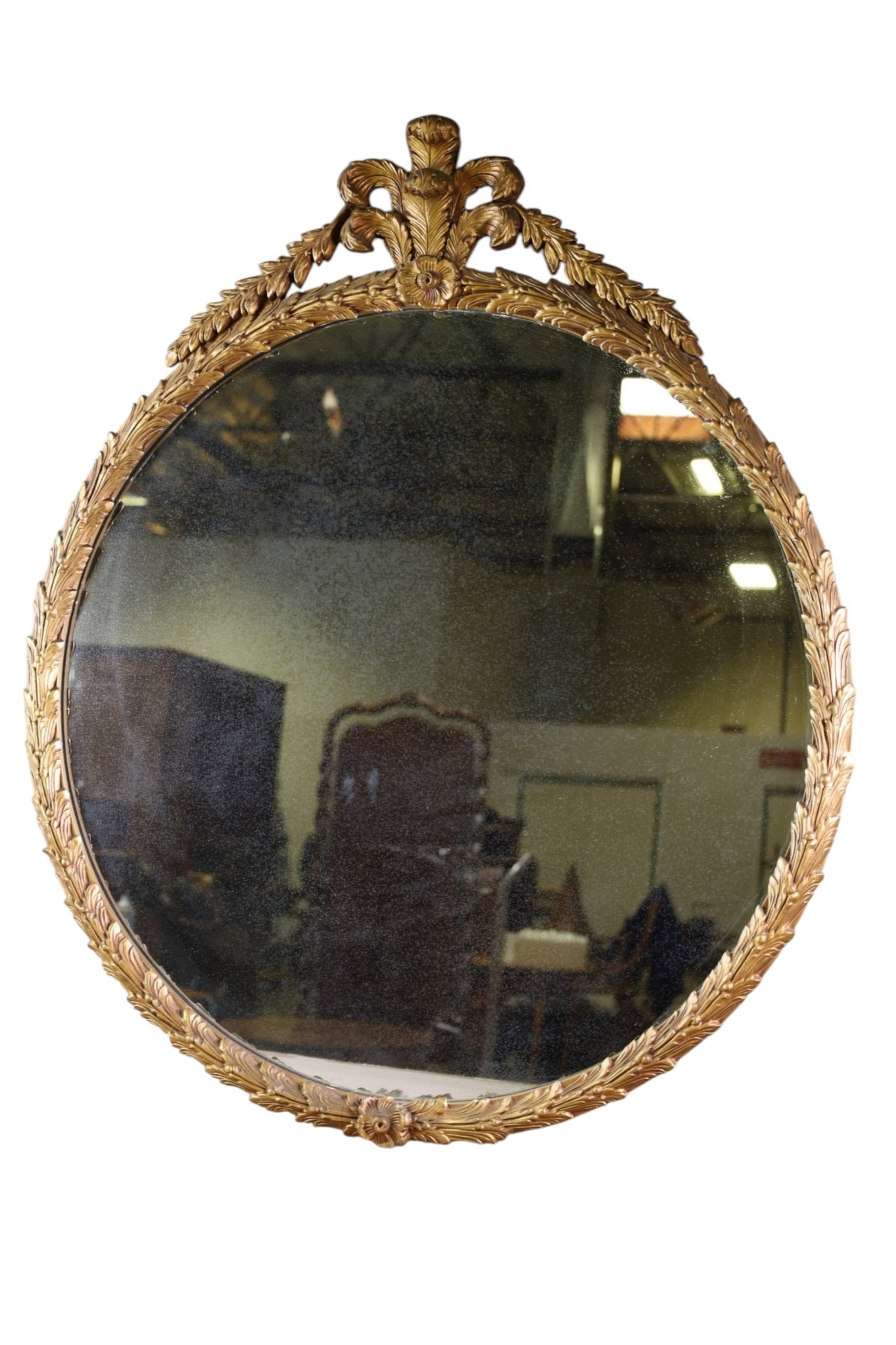 ANTIQUE WALL MIRROR: GESSO WALL MIRROR, SILVER LOSS TO MIRROR. 38 1/2" x 32" THIS ITEM EXCEEDS SIZE, WEIGHT, AND/OR FRAGILITY LIMITATIONS FOR IN HOUSE SHIPPING, MUST BE PICKED UP IN HOUSE OR SHIPPED VIA 3rd PARTY GROUND