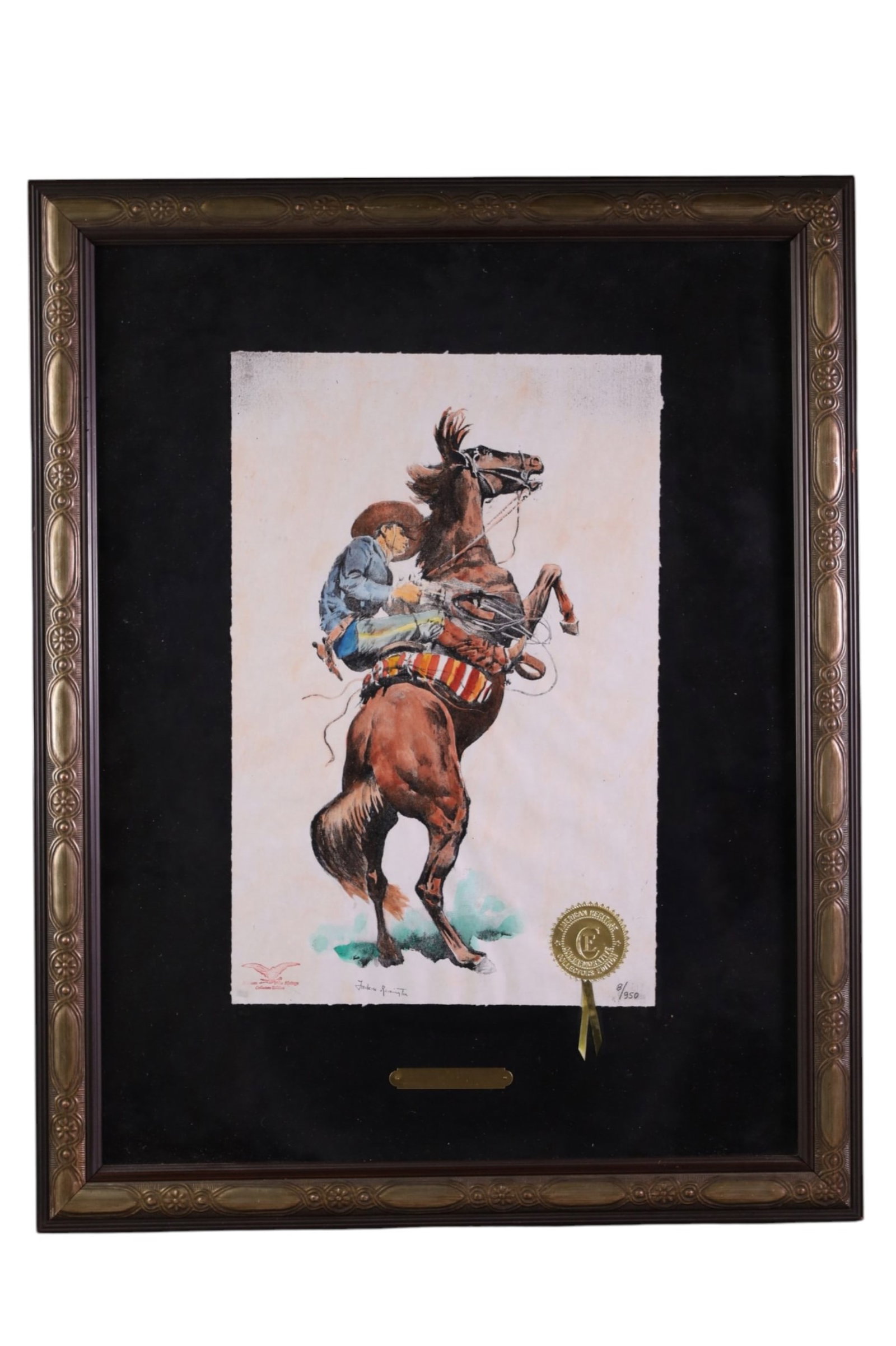 FREDERIC REMINGTON FRAMED PRINT: TITLED MOUNTING A WILD ONE, No 8/950. 20" x 25 1/2" IN FRAME.