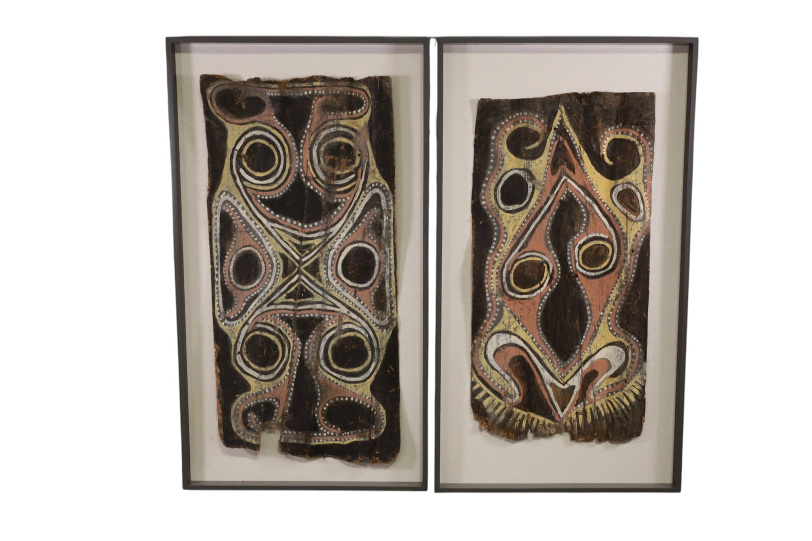 2 FRAMED BARK PAINTINGS: LARGE CUSTOM FRAMED BARK PAINTINGS, 33" x 59" THIS ITEM EXCEEDS SIZE, WEIGHT, AND/OR FRAGILITY LIMITATIONS FOR IN HOUSE SHIPPING, MUST BE PICKED UP IN HOUSE OR SHIPPED VIA 3rd PARTY GROUND SHIPPER.