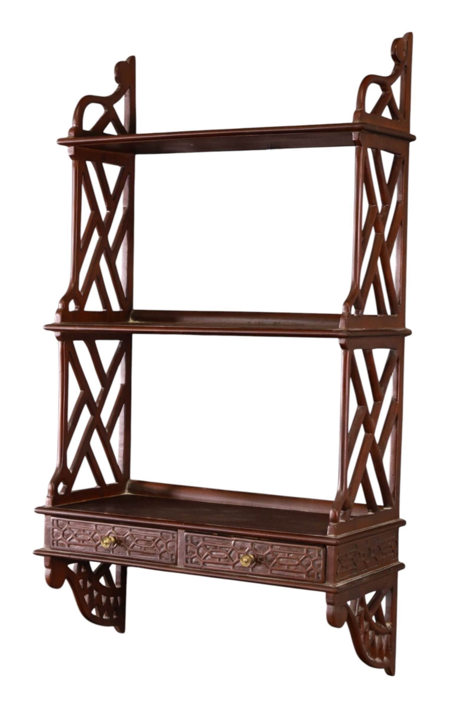 MAHOGANY WALL SHELF: HANGING MAHOGANY WALL SHELF, TWO LOWER DRAWERS. 20" x 35" THIS ITEM EXCEEDS SIZE, WEIGHT, AND/OR FRAGILITY LIMITATIONS FOR IN HOUSE SHIPPING, MUST BE PICKED UP IN HOUSE OR SHIPPED VIA 3rd PARTY