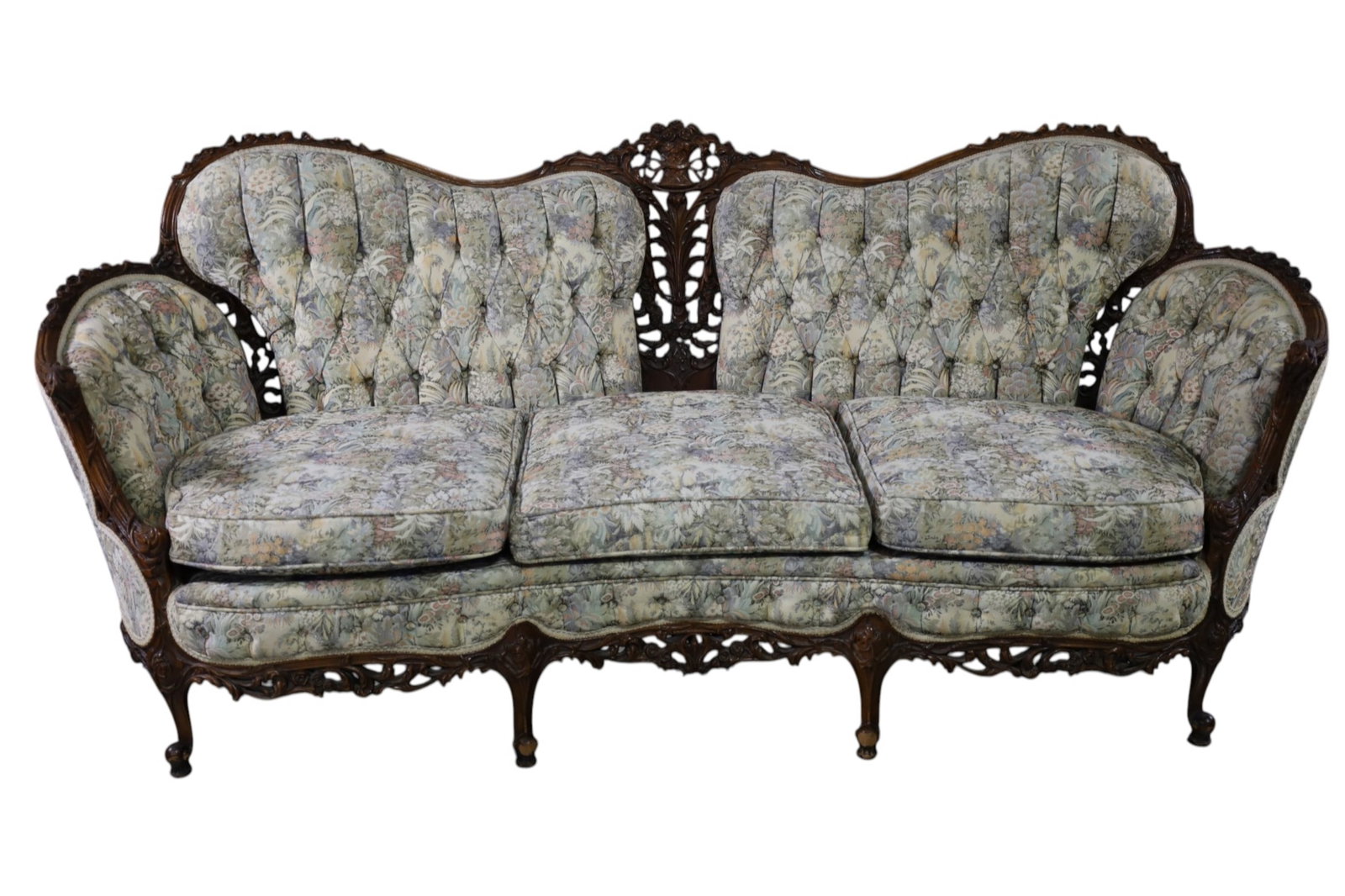 CARVED FRENCH STYLE SOFA: HIGHLY CARVED 3 CUSHION FRENCH STYLE SOFA, TAPESTRY UPHOLSTERY. WEAR TO FINISH. 85" W x 30" D x 36" H. THIS ITEM EXCEEDS SIZE, WEIGHT, AND/OR FRAGILITY LIMITATIONS FOR IN HOUSE SHIPPING, MUST BE