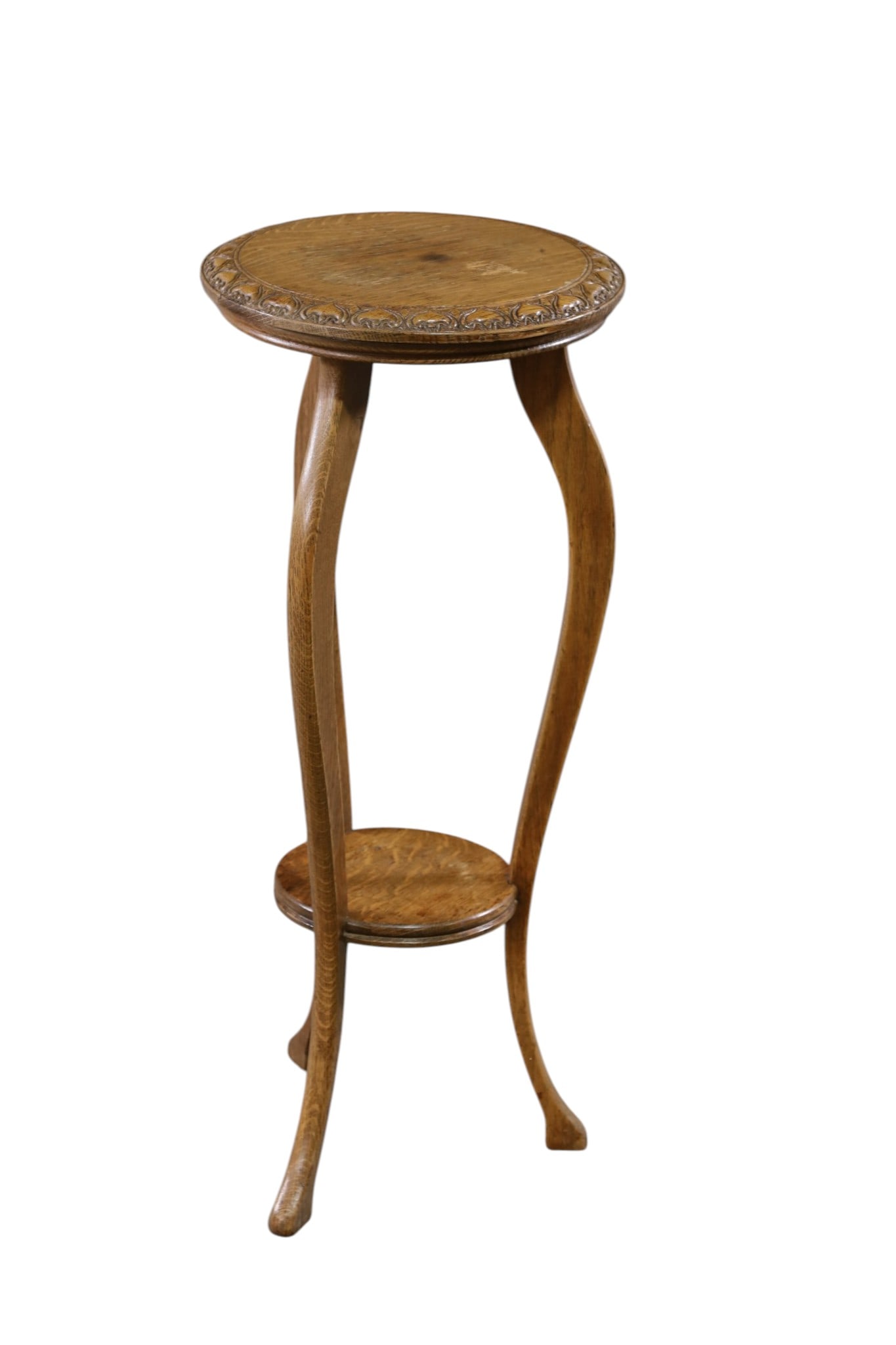 ANTIQUE AMERICAN OAK STAND: TWO TIER OAK PLANT STAND, WEAR TO FINISH. 12" DIAM x 28 1/2" H. THIS ITEM EXCEEDS SIZE, WEIGHT, AND/OR FRAGILITY LIMITATIONS FOR IN HOUSE SHIPPING, MUST BE PICKED UP IN HOUSE OR SHIPPED VIA 3rd PARTY