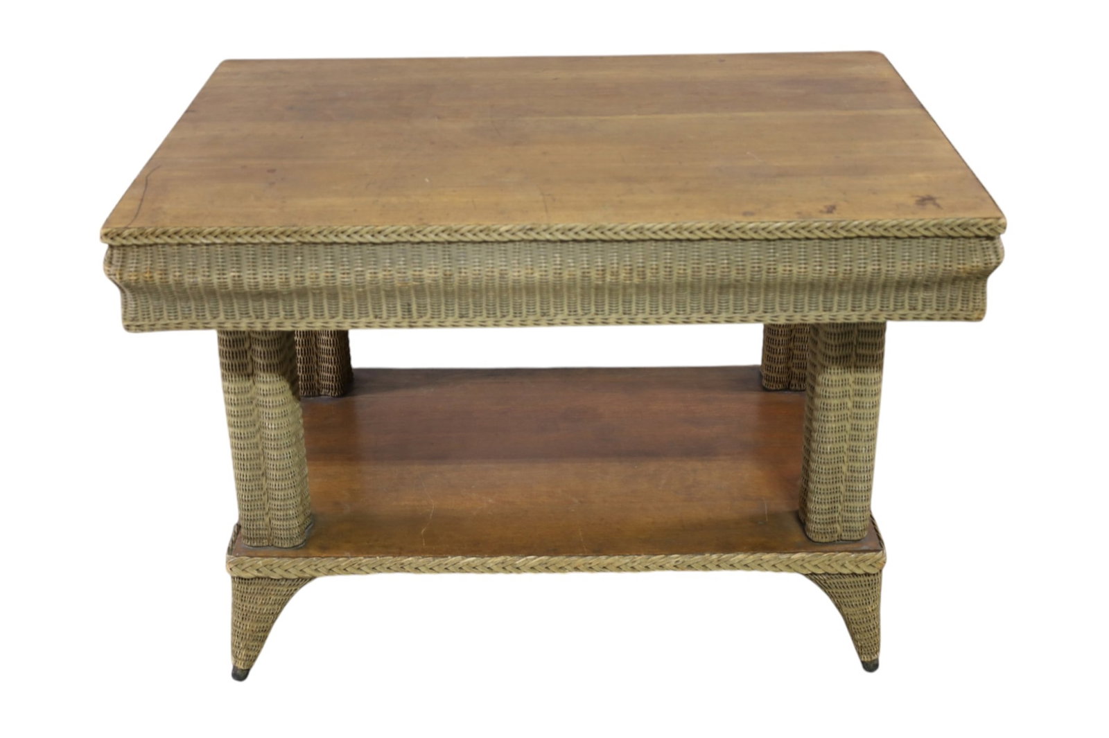 VICTORIAN WICKER TABLE: OAK AND WICKER TABLE, LARGE TWO TIER VICTORIAN OAK AND WICKER TABLE, 43" W x 29" D x 30" H. THIS ITEM EXCEEDS SIZE, WEIGHT, AND/OR FRAGILITY LIMITATIONS FOR IN HOUSE SHIPPING, MUST BE PICKED UP IN