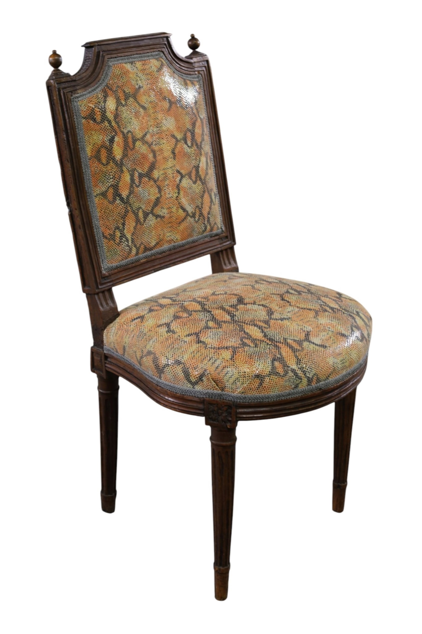 FRENCH SIDE CHAIR: FAUX SNAKESKIN UPHOLSTERY, 17" W x 19" D x 33" H. THIS ITEM EXCEEDS SIZE, WEIGHT, AND/OR FRAGILITY LIMITATIONS FOR IN HOUSE SHIPPING, MUST BE PICKED UP IN HOUSE OR SHIPPED VIA 3rd PARTY GROUND
