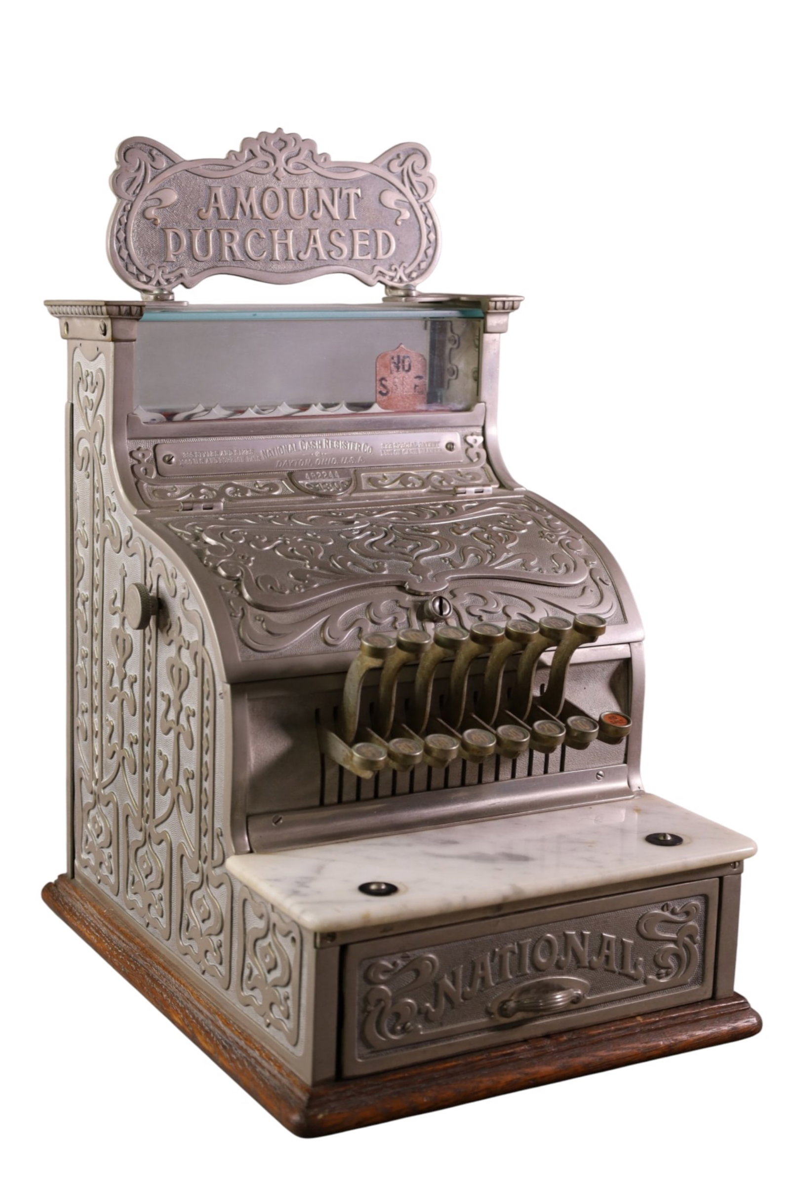 NATIONAL CASH REGISTER: MODEL 130, NICKEL FINISH NATIONAL CASH REGISTER, 15 1/2" H. THIS ITEM EXCEEDS SIZE, WEIGHT, AND/OR FRAGILITY LIMITATIONS FOR IN HOUSE SHIPPING, MUST BE PICKED UP IN HOUSE OR SHIPPED VIA 3rd PARTY