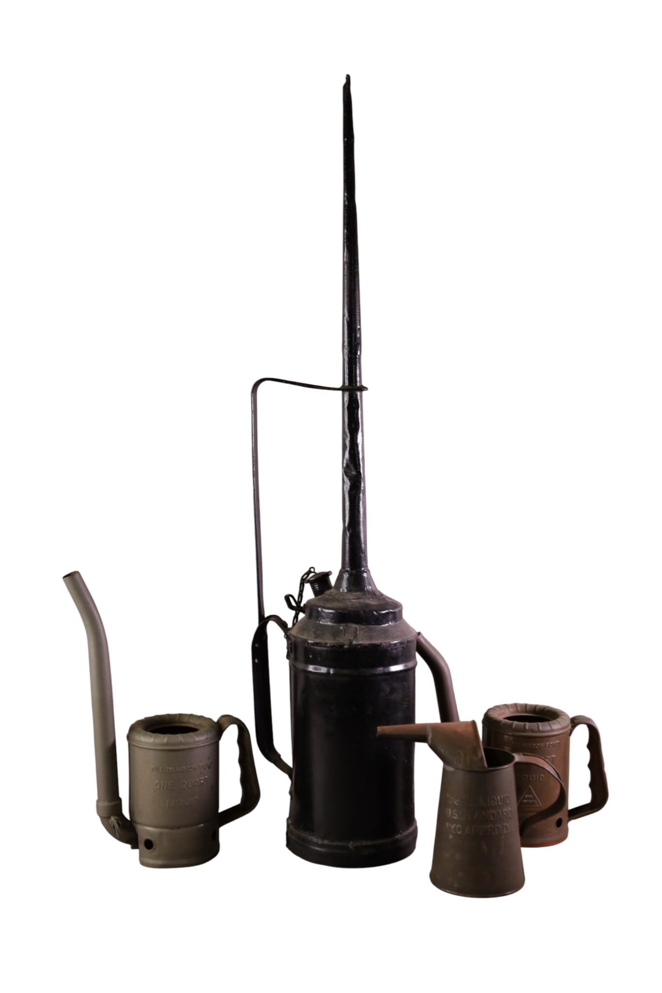 4 CANS: 3 1 QUART SWINGSPOUT CANS. QUARTER GALLON PITCHER. 37" H