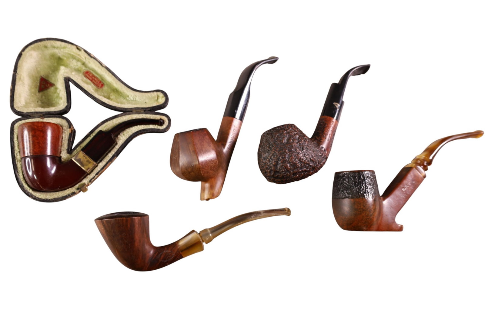 5 VINTAGE PIPES: TRIANGLE BAKELITE, WDC PIPE IN CASE, TIM WEST WOODEN PIPE, JOBEY PIPE AND MORE.