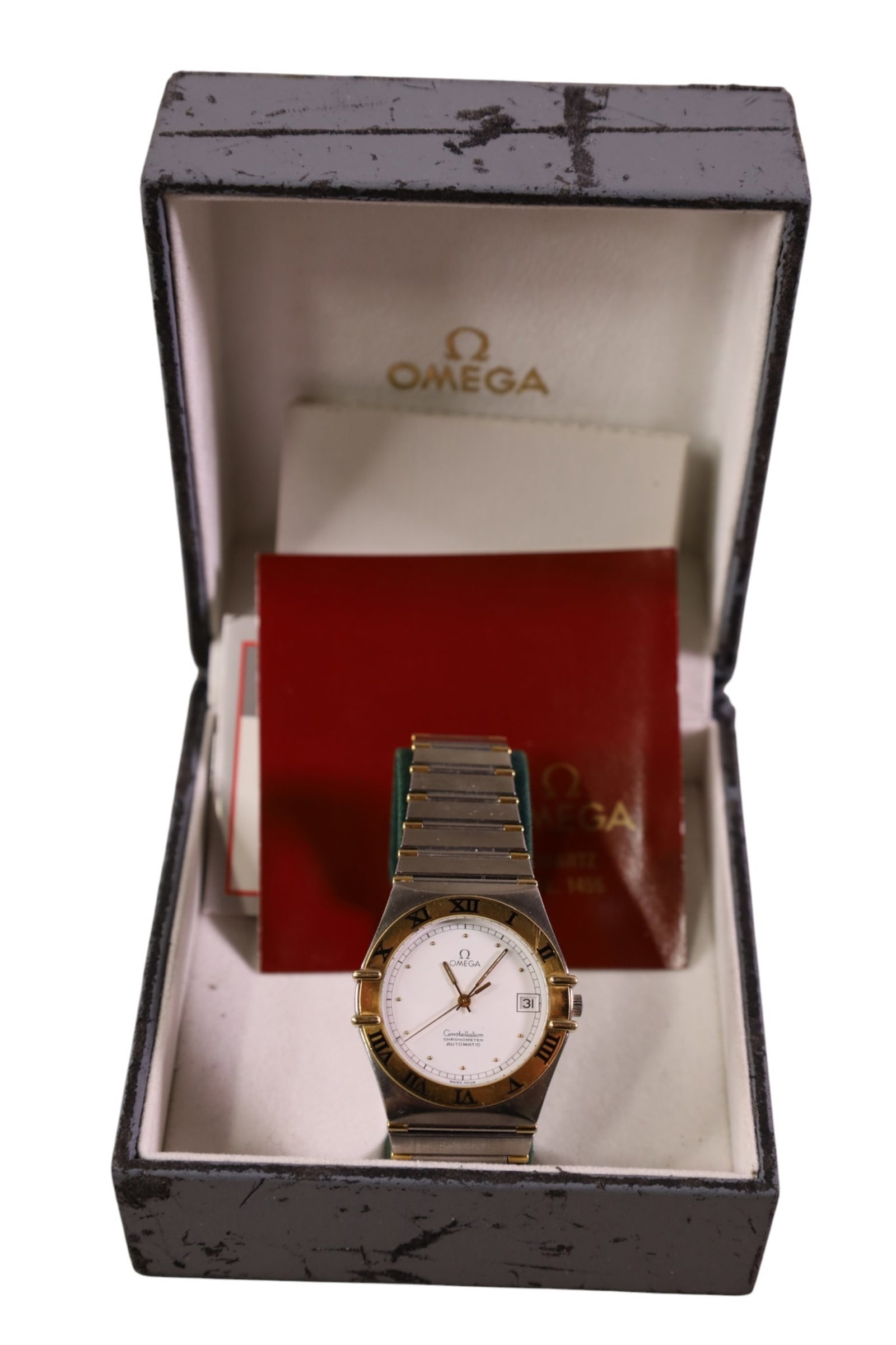OMEGA WRISTWATCH: OMEGA CONSTELLATION WRISTWATCH, WITH BOX. OMEGA 1455, GOLD AND STAINLESS. ALL WATCHES ARE SOLD AS IS, UNSERVICED, WE DO NOT GUARANTEE WORKING ORDER.