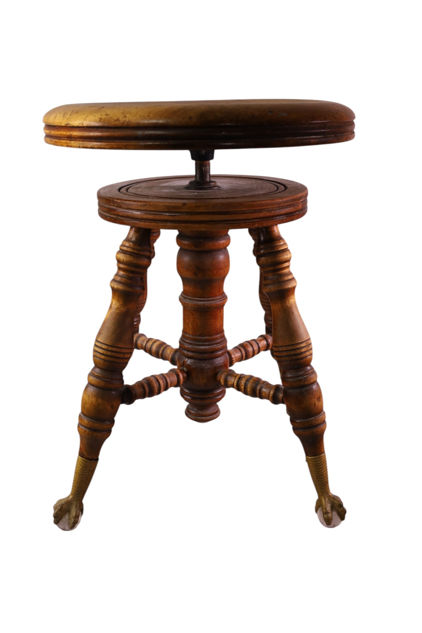 PIANO STOOL: GLASS BALL AND CLAW PIANO STOOL, WEAR TO FINISH. 14" DIAM x 19" H. THIS ITEM EXCEEDS SIZE, WEIGHT, AND/OR FRAGILITY LIMITATIONS FOR IN HOUSE SHIPPING, MUST BE PICKED UP IN HOUSE OR SHIPPED VIA 3rd