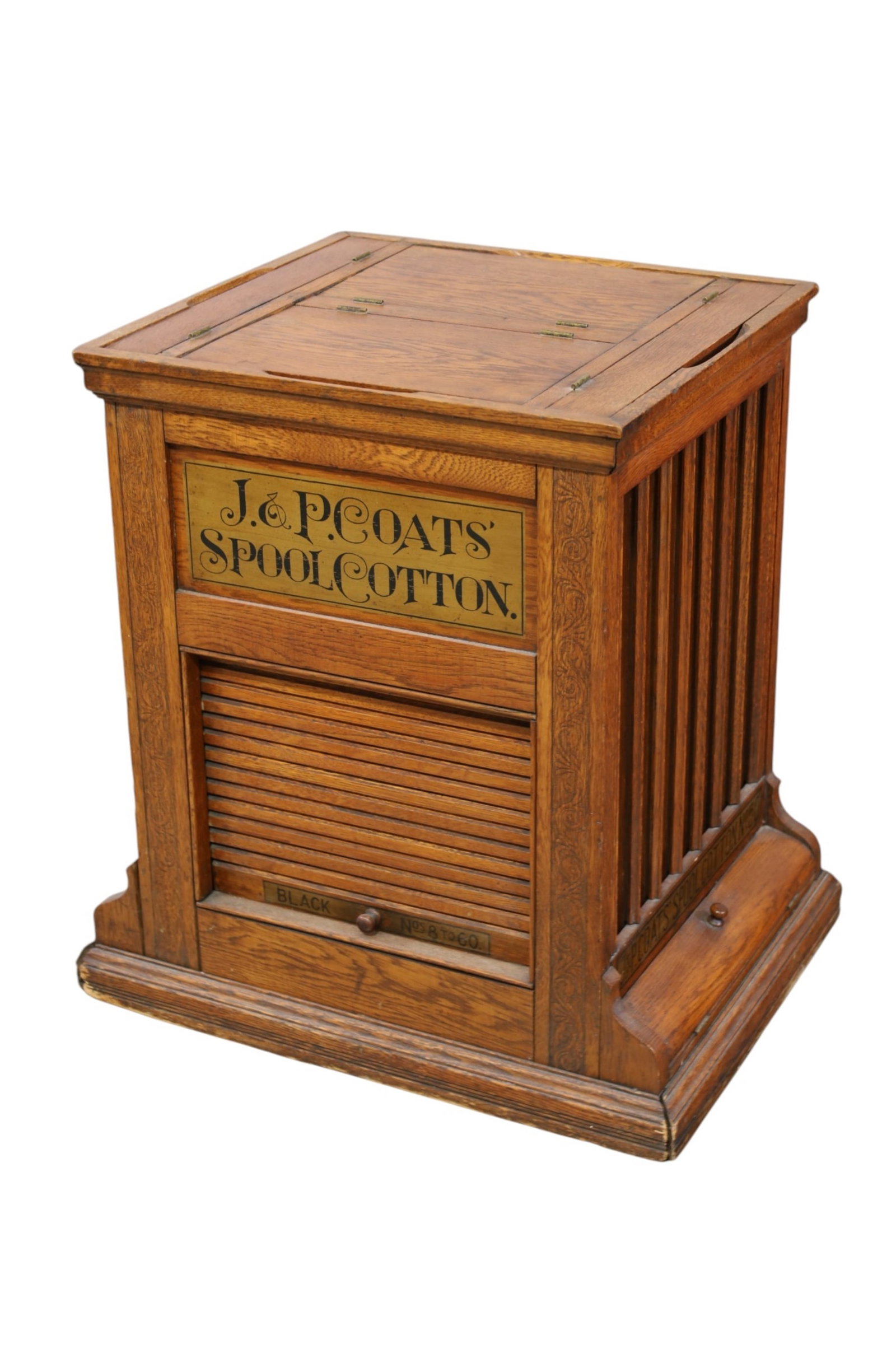 ANTIQUE SPOOL CABINET: AMERICAN OAK . J.P. COATS SPOOL CABINET, TAMBOUR DOOR. 16" x 17" x 22" H. THIS ITEM EXCEEDS SIZE, WEIGHT, AND/OR FRAGILITY LIMITATIONS FOR IN HOUSE SHIPPING, MUST BE PICKED UP IN HOUSE OR SHIPPED VIA