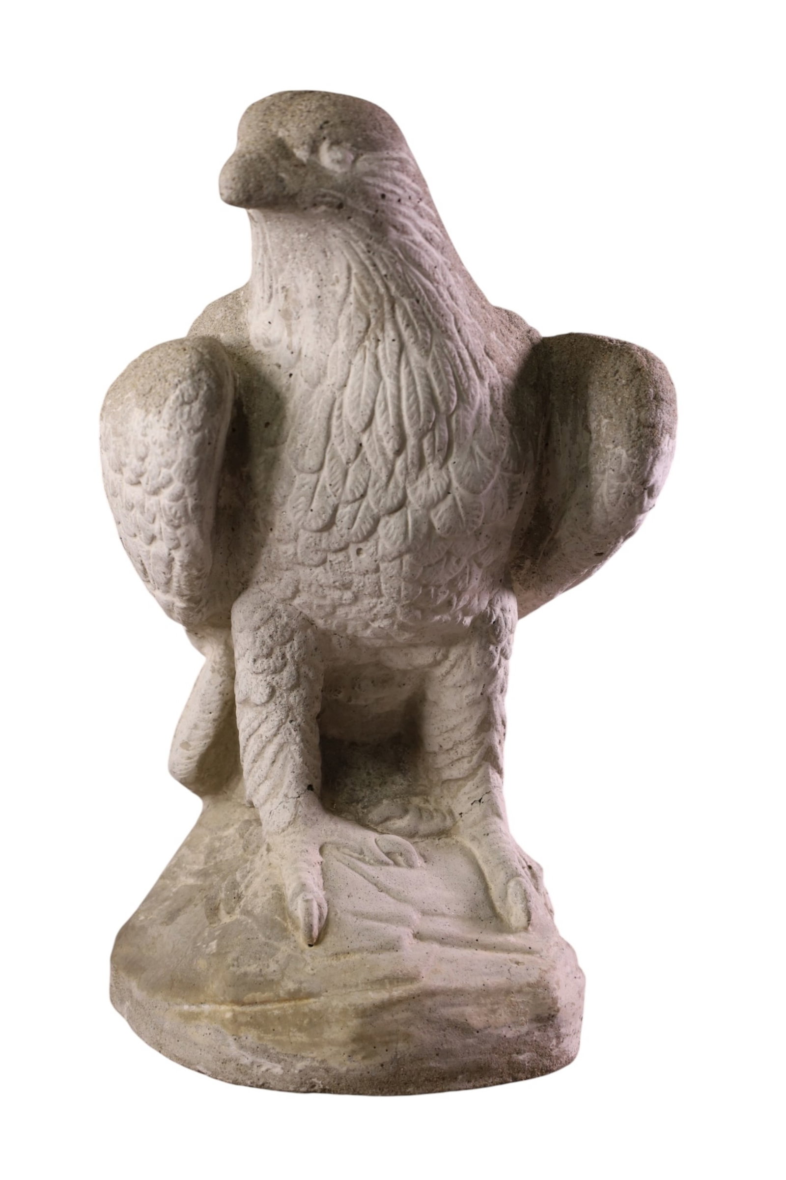 CONCRETE EAGLE: CONCRETE EAGLE SCULPTURE, SOME CRACKS. 18" H. THIS ITEM EXCEEDS SIZE, WEIGHT, AND/OR FRAGILITY LIMITATIONS FOR IN HOUSE SHIPPING, MUST BE PICKED UP IN HOUSE OR SHIPPED VIA 3rd PARTY GROUND SHIPPER.