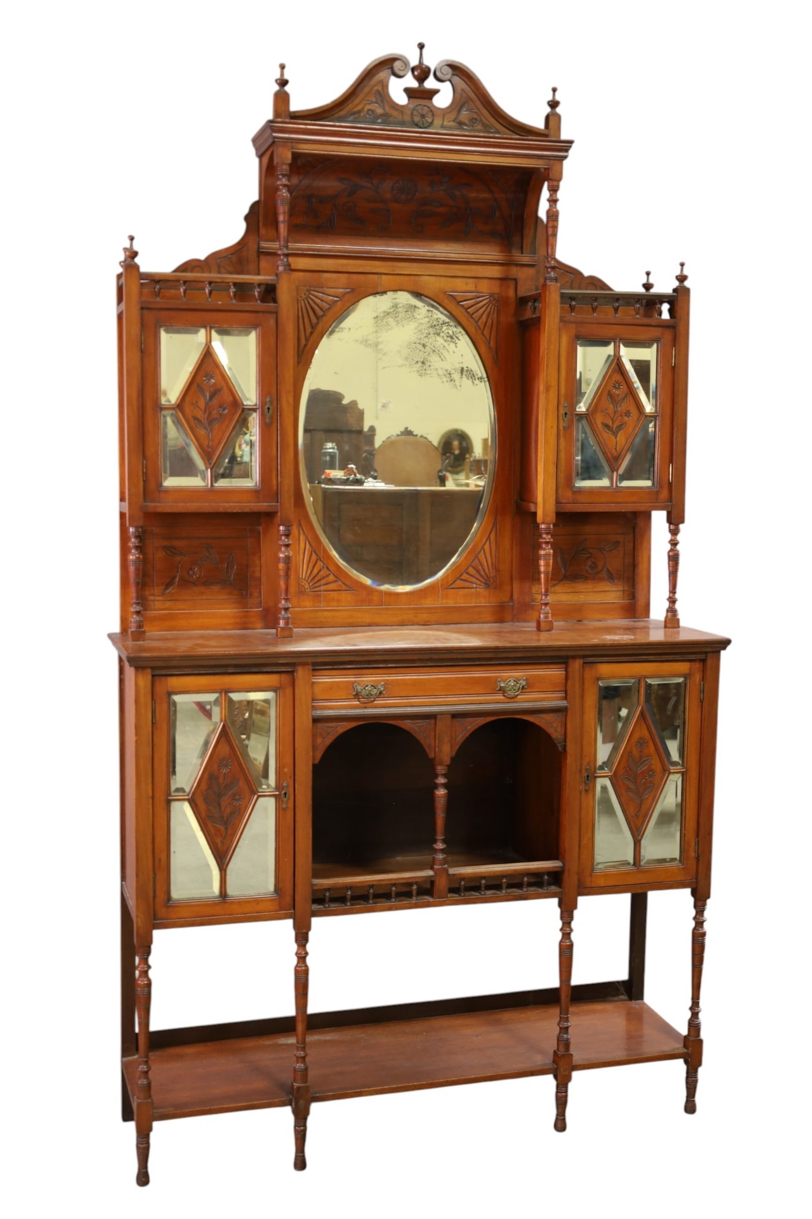 VICTORIAN ETAGERE: VICTORIAN ETAGERE, CARVED. WITH LOWER DOORS. WEAR TO FINISH. 48" W x 14" D x 87" H. THIS ITEM EXCEEDS SIZE, WEIGHT, AND/OR FRAGILITY LIMITATIONS FOR IN HOUSE SHIPPING, MUST BE PICKED UP IN HOUSE OR
