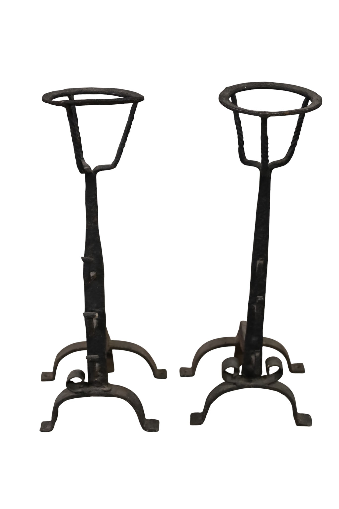 PAIR OF SPANISH STYLE IRON ANDIRONS: WROUGHT IRON. 22" TALL