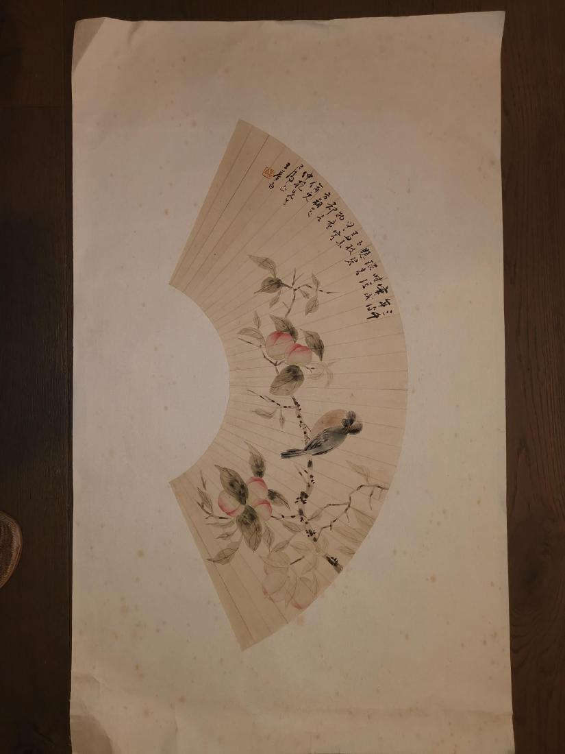 Chinese Artist WANG MENGBAI Flower Bird Fan Painting: Chinese Artist WANG MENGBAI Flower Bird Fan Painting. Painting W 21 1/4 in.