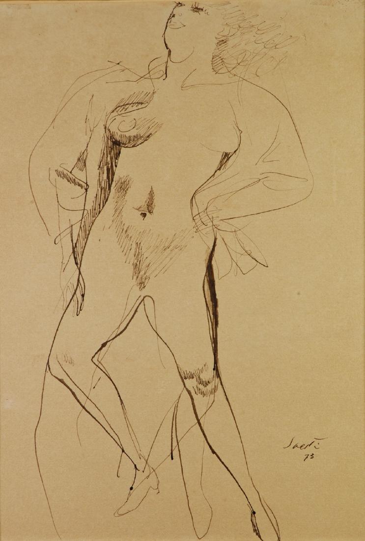 Bruno Saetti (1902-1984) Nudo di donna 1975: China su carta riportata su tavola, cm. 50x35,5 Firma e data in basso a destra. Autentica dell'autore su foto.