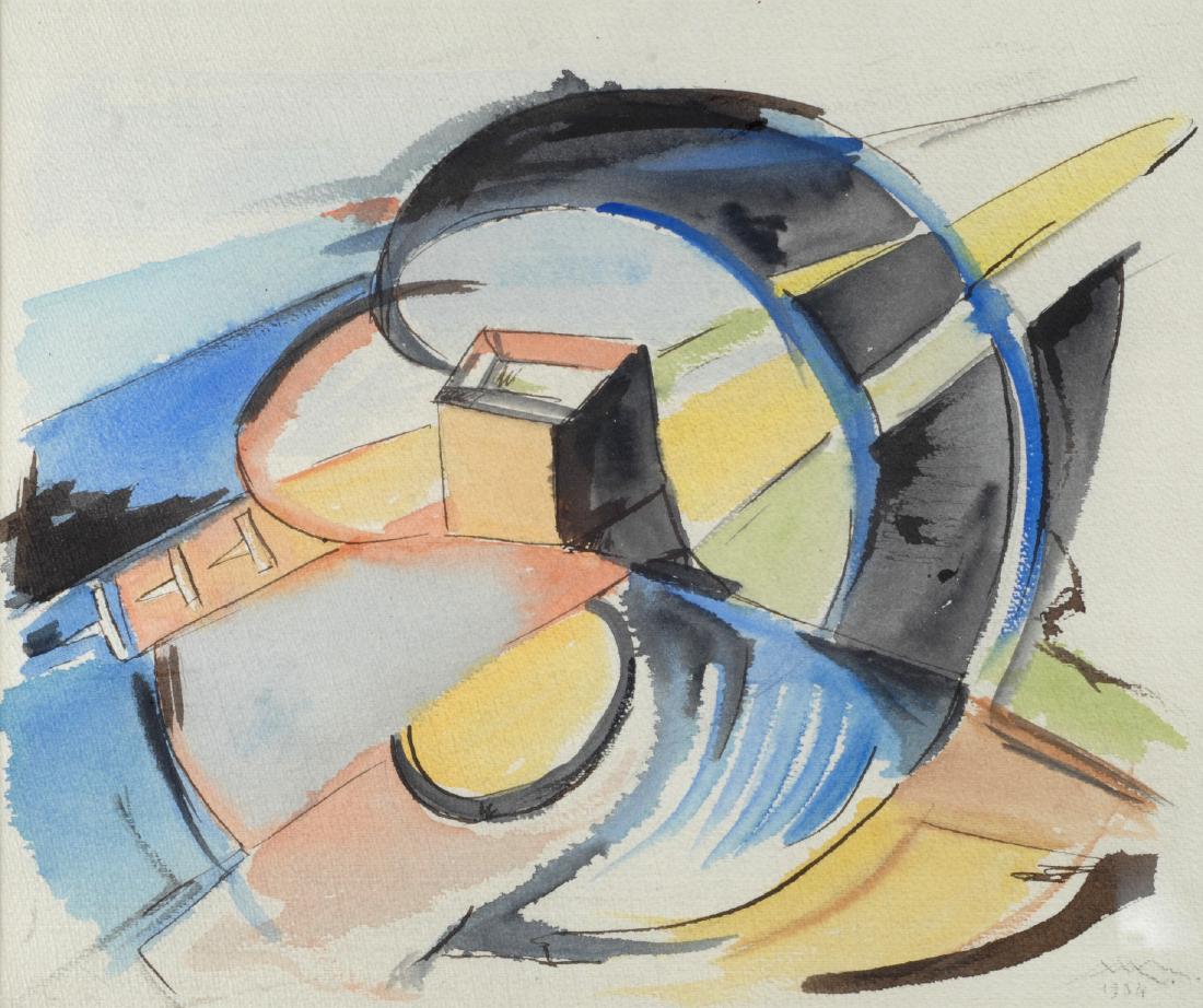 Marisa Mori (1900-1985) Composizione 1934: Tecnica mista su carta, cm. 30x34 Firma e data in basso a destra. Sul verso: Collezione Romano Lorenzin, Milano.