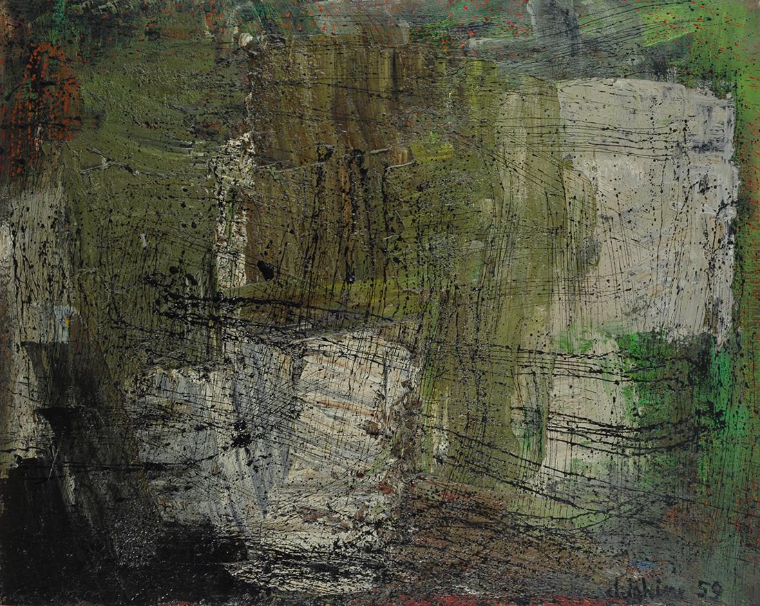 Alfredo Chighine (1914-1974) Pioggia sul mare 1959: Olio su tela, cm. 70x90 Firma e data in basso a destra. Sul verso: titolo e data; etichetta Comune di Ferrara, Palazzo dei Diamanti, Opera esposta 19 febbraio - 16 aprile 1978; etichetta SocietÃ pe