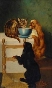 Michelangelo Meucci (1840-1909) Cani con gatto: Olio su cartone, cm. 48x28 Firma in basso a destra.