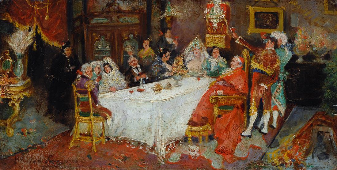 Hermenegildo Anglada Camarasa (1871-1959) A pranzo con: Olio su tavoletta, cm. 12x23,5 Firma in basso a sinistra. Sul verso: dichiarazione di autenticitÃ di Sinibaldo Tordi in data 1942.