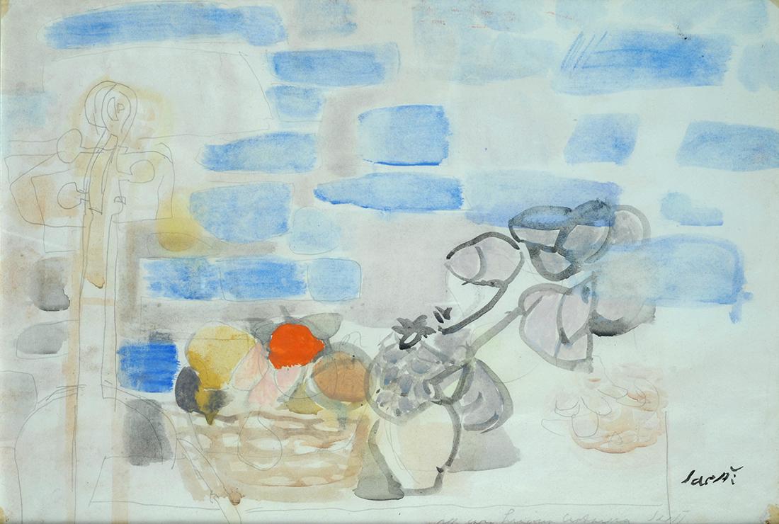 Bruno Saetti (1902-1984) Senza titolo: Tecnica mista su carta, cm. 33,5x47,5 Firma e dedica in basso a destra.