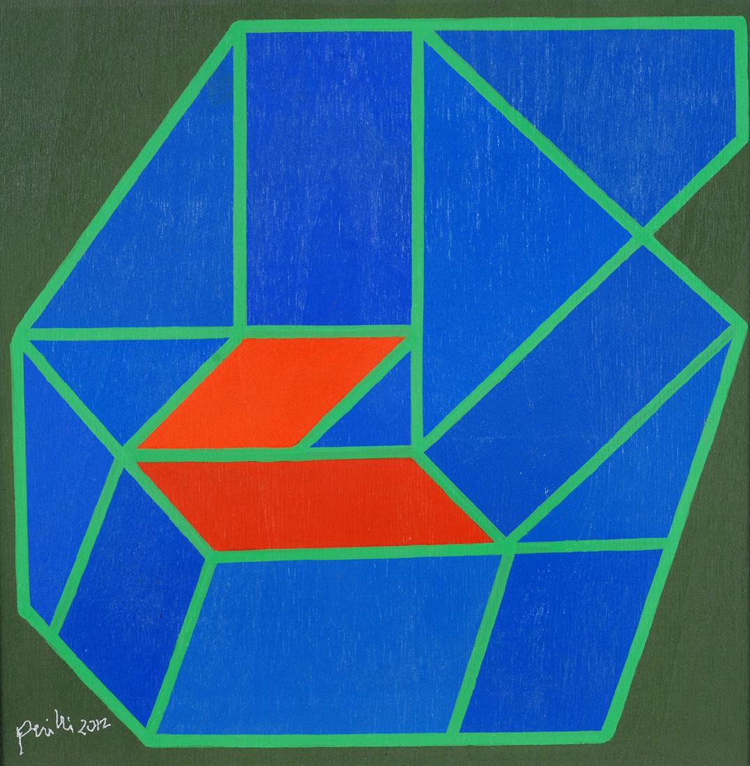 Achille Perilli (1927) Zine 2012: Tecnica mista su tavola, cm. 30x30 Firma e data in basso a sinistra. Sul verso: firma; timbro Galleria d'Arte Volos, Roma.