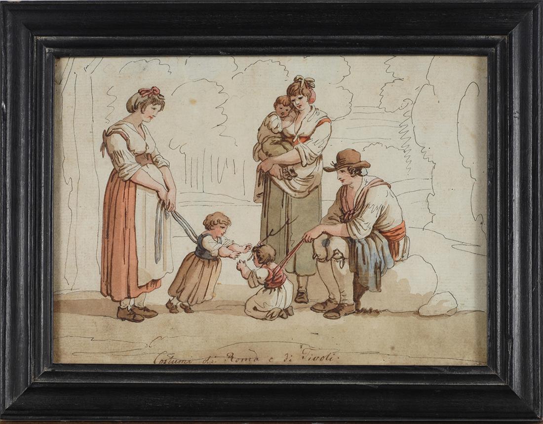 Bartolomeo Pinelli (1781-1835) Costumi di Roma e Tivoli: Inchiostro e acquarello su carta, cm. 13,5x18,5 Iscrizione in basso al centro: "Costumi di Roma e di Tivoli".Â