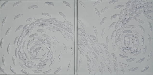 Riccardo Gusmaroli (1963) Vortice dittico 2014: Barche di carta su tela, cm. 30x60 Autentica dell'autore su foto n. 24105.