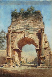 Oswald Achenbach (1827-1905) Scorcio di Roma antica: Acquerello su cartoncino, cm. 34,5x26 Firma in basso a sinistra.