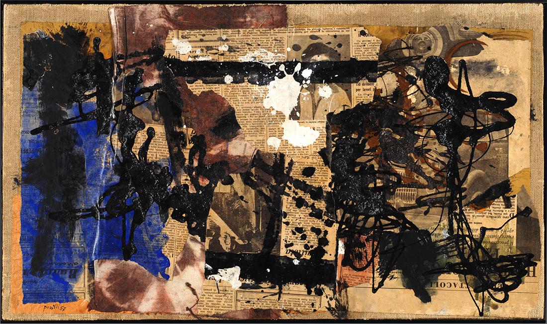 Achille Perilli (1927) Immersione nella caverna 1957: Tecnica mista su tela , cm. 35x60 Firma e data in basso a sinistra. Sul verso: firma, data e titolo. Autentica dell'autore su foto, opera iscritta nel catalogo generale con il numero 72.