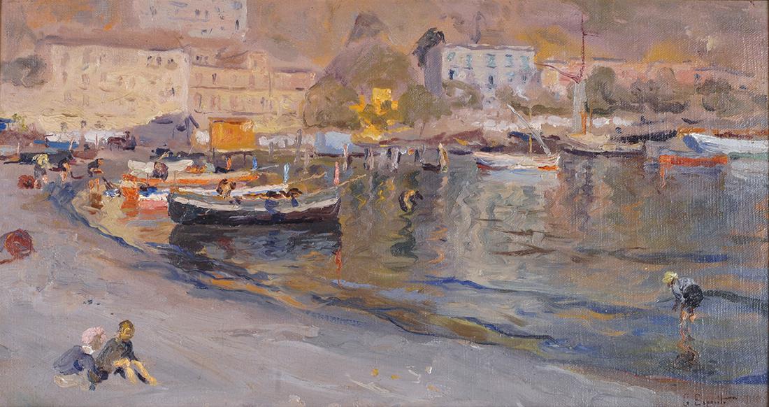 Gaetano Esposito (1858-1911) Darsena: Olio su tela riportata su tela, cm. 24,5x45 Firma in basso a destra.