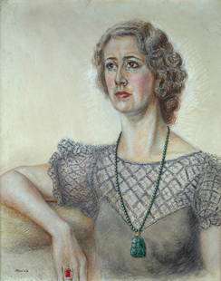 Alberto Savinio (1891-1952) Ritratto di signora: Tecnica mista su tela, cm. 81x65,5 Firma in basso a sinistra. Autentica di Ruggero Savinio su foto.