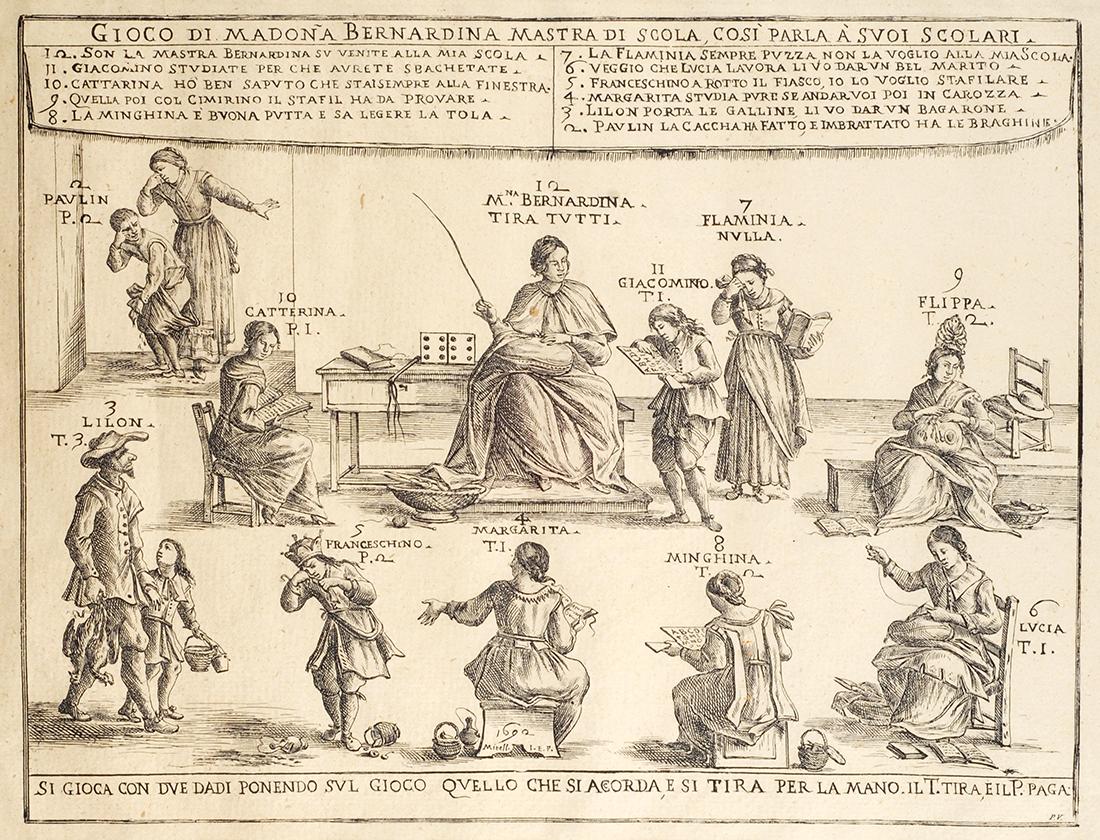Gioco di Madona Bernardina: Stampa, incisore Giuseppe Maria Mitelli (Bologna 1634-1718), 1692. In alto entro un drappo con frange una lungaiscrizione illustra il gioco: gioco di madonna bernardina mastra di scola ,così parla a'