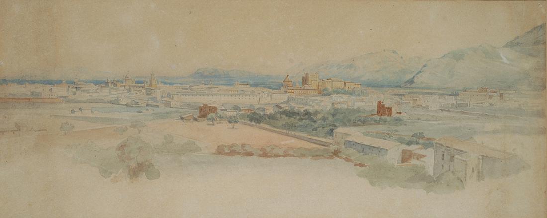Attr. a Edward Lear Veduta di Palermo: Acquerello su carta, cm. 18x45
