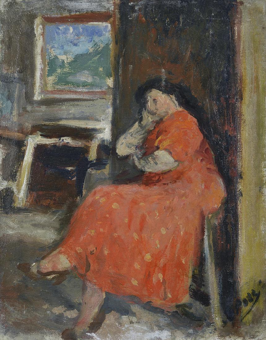 Ennio Pozzi (1893-1972) Donna seduta in abito rosso: Olio su tela, cm. 44,5x35 Firma in basso a destra.