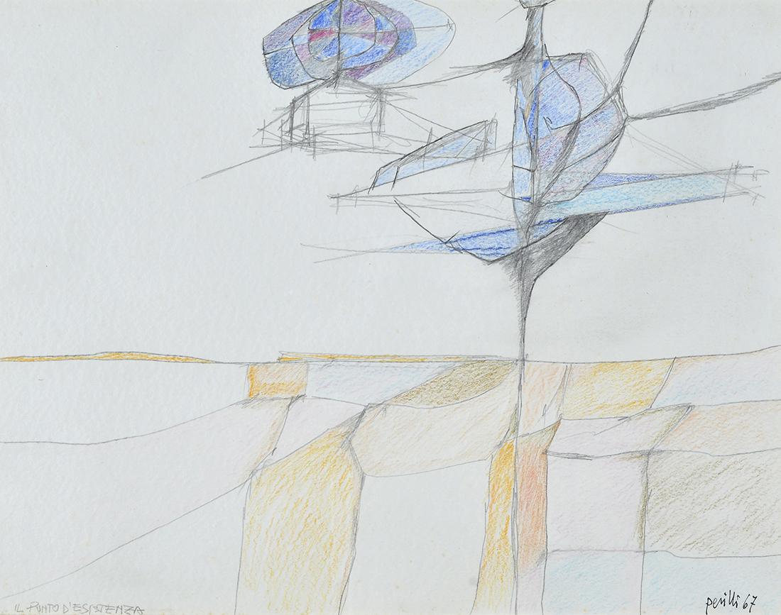 Achille Perilli (1927) Il punto d'esistenza 1967: Grafite e matite colorate su carta, cm. 30x40 Firma e data in basso a destra; titolo in basso a sinistra.