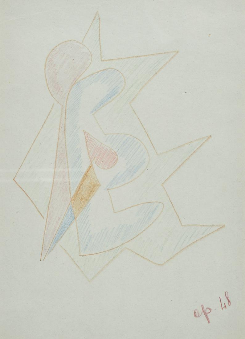 Achille Perilli (1927) Composizione 1948: Matite colorate su carta, cm. 29x21,5 Sigla e data in basso a destra.
